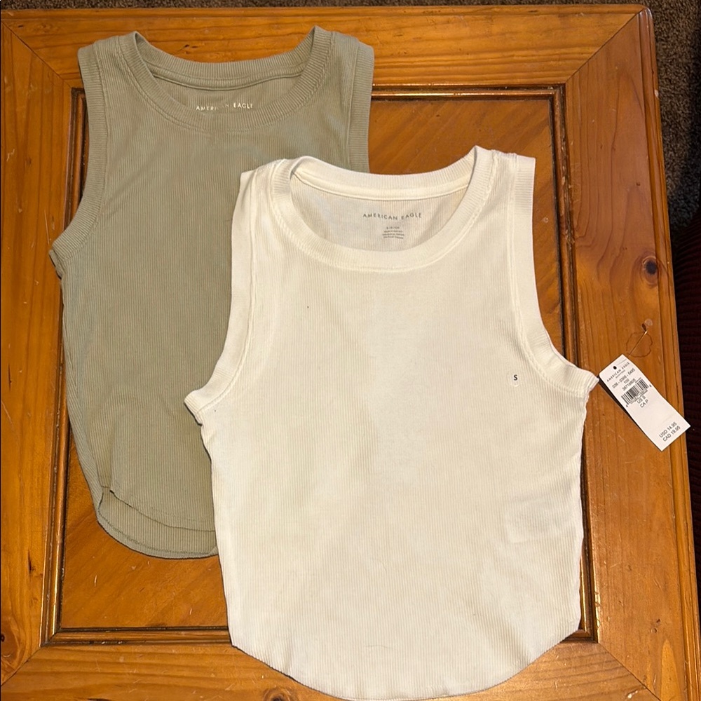 American Eagle Outfitters Olive and White Tank Tops